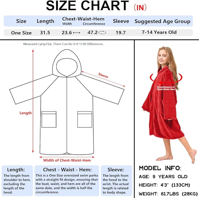 Hiturbo Kids Bath Towel Hoodie: Soft Plush Zipper Surf Poncho - Warm Fleece Changing Towels Swimming Outerwear (Red)