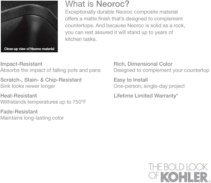 KOHLER K-28000-CM2 Cairn 27.5" Neoroc Composite Undermount Single-Bowl Kitchen Sink, Composite Kitchen Sink with Sink Rack, Matte Brown