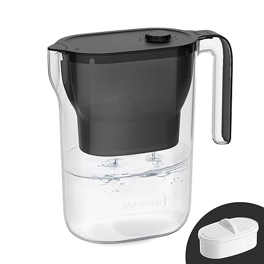 Waterdrop 200-Gallon Long-Life Water Filter Pitcher, NSF Certified Water Purifier, Replaces 6,400 Plastic Water Bottles a Year, Reduces Chlorine, PFOA/PFOS, 7-Cup, Black