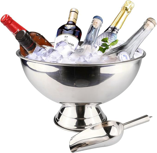 Large Ice Bucket 13L Stainless Steel Champagne Bowl Ice Bucket with Ice Scoop Semicircle Drink Tub with Integrated Base Silver Beverage Tub for Parties, Cocktail Bar, Chilling Wine,2Packs (2 packs)