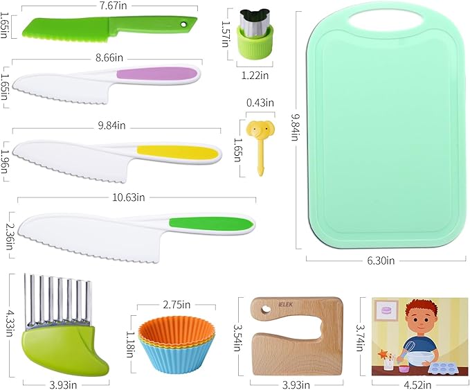 Kids Knives Set for Real Cooking - Toddler Knife Set with Cutting Board, Kids Safe Knife, Peeler, Plastic Potato Slicers, Fruit Cutters and Fork Picks for Kitchen