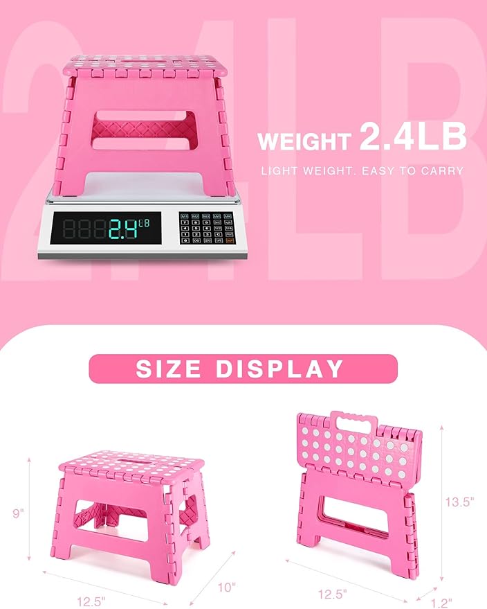 Folding Step Stool 9", Kids Step Stool, Heavy Duty Step Stools for Adults, Compact Foot Stools, Light-Weight Toddler Step Stool for Kitchen, Bathroom, Holds Up to 300 lbs (Pink)
