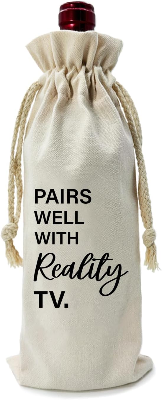 ZHANTUONE,Pairs Well With Really TV,Funny Birthday Gift Ideas Wine Bag,Drawstring Polyester Cotton Cloth Wine Bag,For Friend Boss Teacher Wine Lovers Reusable Wine Wrap Bag,13IN