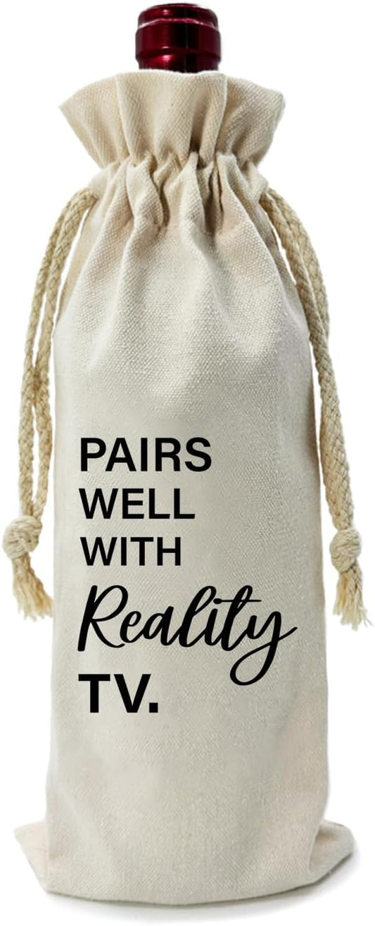 ZHANTUONE,Pairs Well With Really TV,Funny Birthday Gift Ideas Wine Bag,Drawstring Polyester Cotton Cloth Wine Bag,For Friend Boss Teacher Wine Lovers Reusable Wine Wrap Bag,13IN