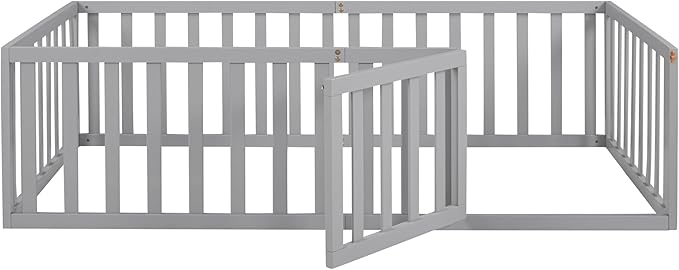 Twin Size Floor Bed with Fence, Solid Wood Floor Bed Frame for Kids with Door, Twin Platform Bed for Boys and Girls Kids Teens, Fun Design Multifunctional Floor Bed