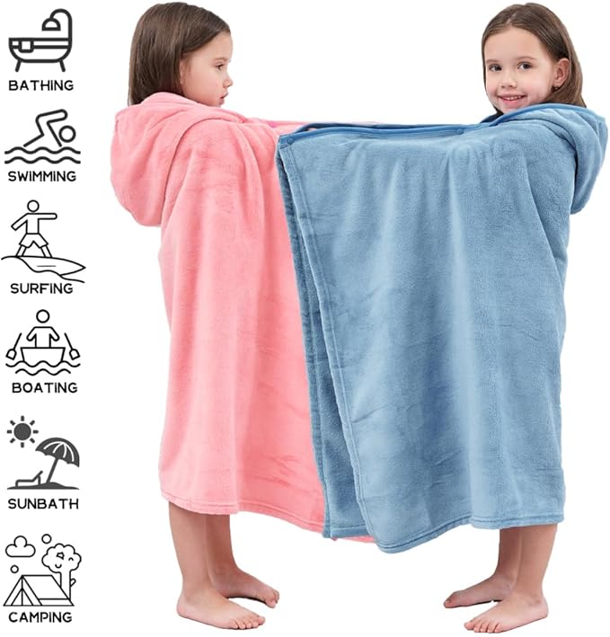 Hiturbo 2Pcs Kids Fleece Hooded Towel: Soft Plush Warm Blanket - 50"x30" Pool Beach Bath Swim Towel Wrap for 3-12 Yrs (Blue+Pink)