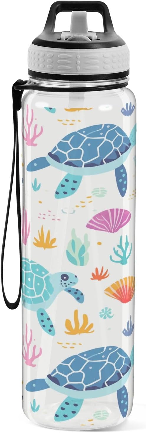 senya Rainbow Turtle Sport Water Bottle with Straw Tritan Clear Bottle for Outdoor Gym Travel