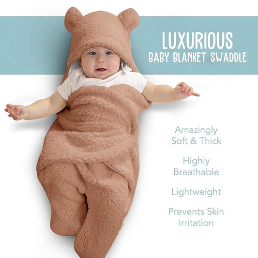 BlueMello Baby Swaddle Blanket | Ultra-Soft Plush Essential for Infants 0-6 Months | Receiving Swaddling Wrap Brown | Ideal Newborn Registry and Toddler Boy Accessories | Perfect Baby Girl Shower Gift