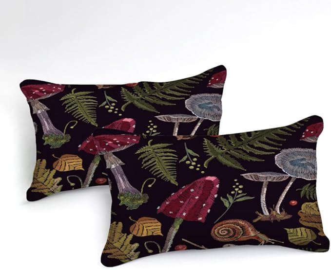 Bedbay Mushroom Comforter Set Queen Size 4 Pieces Retro Bedding Queen Bed Set Tropical Leaves Plant Mushroom Comforter Queen Set with 2 Pillowcases 1 Cushion Cover(Mushroom,Queen)