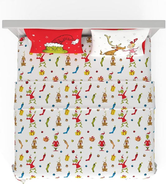 Franco Collectibles Dr. Seuss The Grinch Holiday & Christmas Bedding Super Soft Microfiber 4 Piece King Sheet Set, (Officially Licensed Product)
