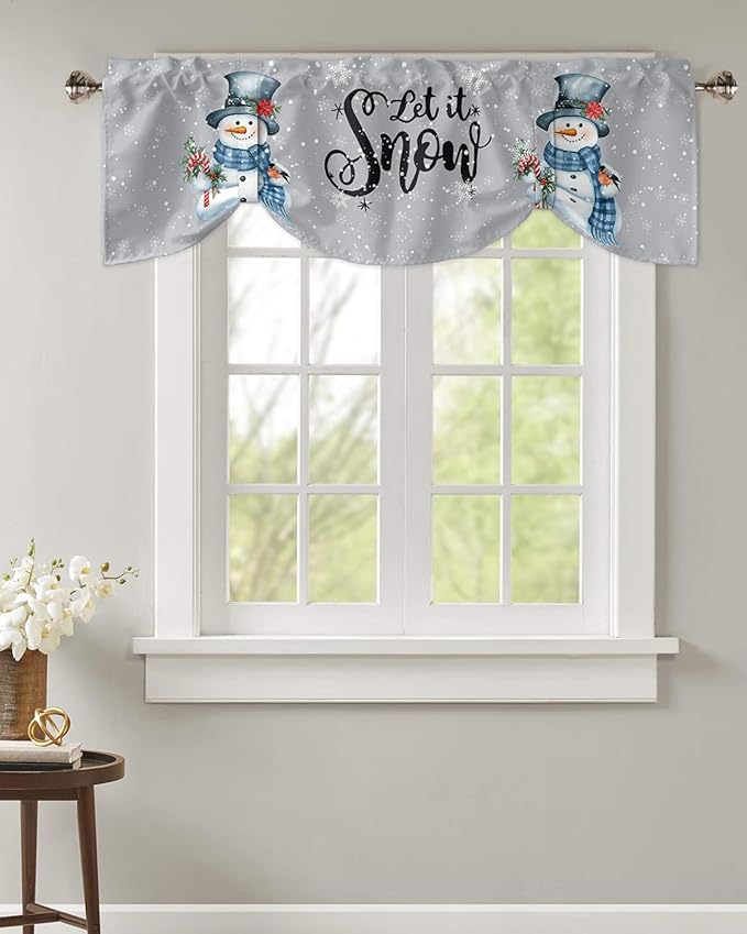 Snowman Christmas Blackout Tie Up Valance Curtains for Kitchen Windows Let It Snow Winter Holiday Window Toppers Balloon Shades for Living Room/Bathroom/Bedroom,1 Panel, 42" X 12", Grey White
