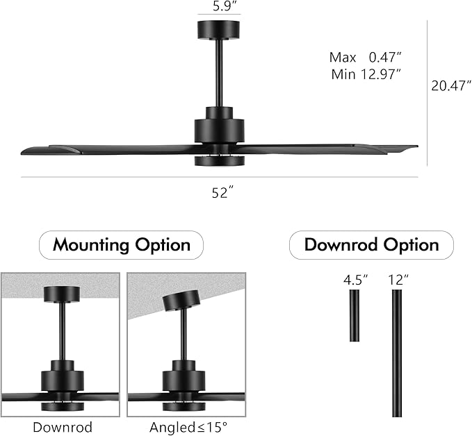 52" Modern Ceiling Fan with Light and Remote Control, 5 Solid Wood Blades 6-Speed Noiseless Reversible DC Motor, Ceiling Fan for Bedroom Dinning Living Room, Black