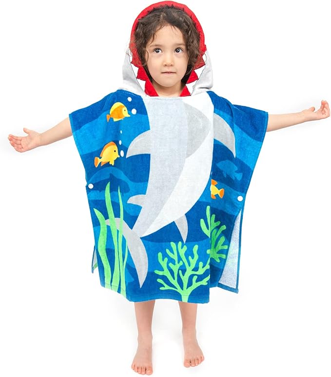 Toddler Hooded Beach Towel Coverup Cape Kids Cotton Soft Quick Dry Absorbent Use for Swim Pool Bath Poncho Towels 2 to 6 Years Old Children 24"x 47" in Full-Length (Brave Shark)
