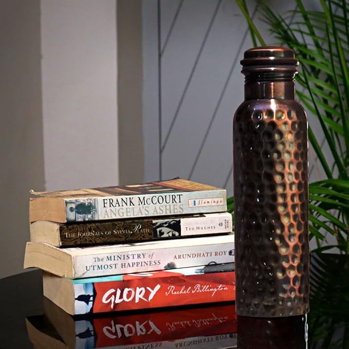 Craft Trade Ayurveda Copper Water Bottle for Drinking 32oz Antique Black Pure Copper Water Bottle Pitcher Travel Water Bottle for Gym,Office, Hiking, Outdoor -Ayurvedic Hammered Water Bottle with Lid