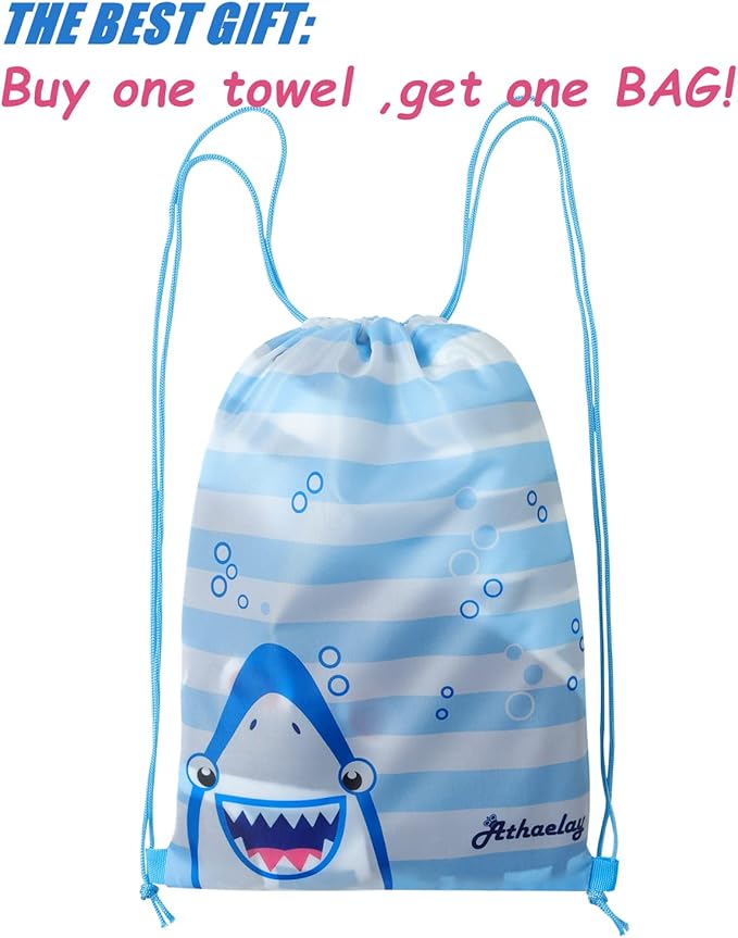 Soft Cotton Catroon Shark Towel Poncho for Kids Bath Beach Pool Swim with Drawstring Bag