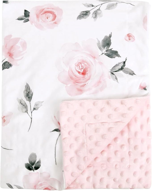 Minky Baby Throw Blanket for Girls, 50x60 Inches Soft Lightweight Micro Fleece Blanket with Double Layer, Dotted Backing, Breathable Receiving Blanket for Newborns, Floral Flowers