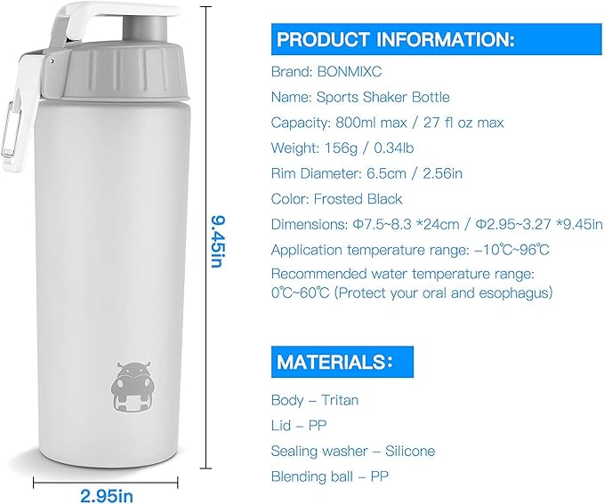 Tritan Copolyester Shaker Bottle for Protein Mixes BPA/BPS/BPF Free Protein Shaker Bottle 800ml Sports Bottle 28oz White