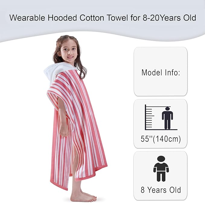 VOOVA & MOVAS Big Girl | Teens Towels with Hood (8-16Years), Large Thick and Absorbent Cotton Hooded Pool Towel Robe- Versatile for Pool, Swim, and Bath, Pink and White Cabana Striped