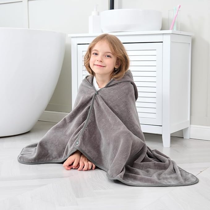 Hiturbo Kids Hooded Bath Towel: 100% Cotton Soft Thick Absorbent Towels Wrap - 50"x30" Shower Beach Pool Wearable Blanket for 3-12 Yrs Boys Girls - Gray
