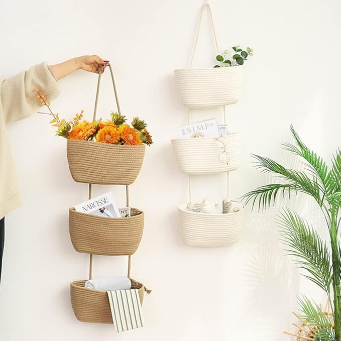 TeoKJ Over the Door Hanging Basket, 3-Tier Woven Cotton Wall-Mounted Storage Organizer with Self Adhesive Dessert Stick Decorative Hanging Nursery Baskets - Jute