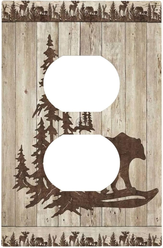 Rustic Wood Bear Forest 1 Gang Outlet Plate Covers Decorative Single Duplex Wall Plate Vintage Cabin Electrical Receptacle Light Switch Cover Art Faceplate Switchplate for Farmhouse Bedroom Decor