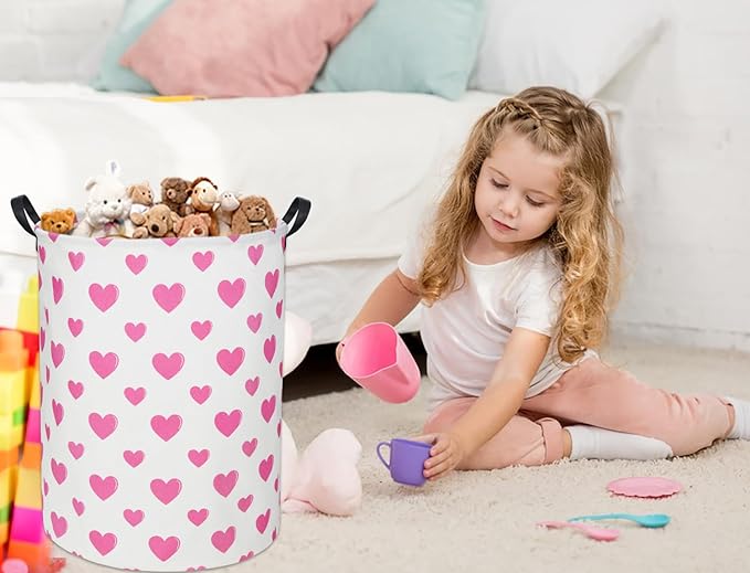 Pink Heart Kids Laundry Basket Baby Hamper Pink Heart Toy Storage Bin for Boys Room Decor Baby Nursery Hamper Gift Baskets for Bedroom Bathroom(Pink Heart)