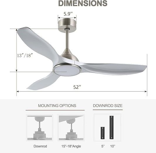 52 Inch Quiet DC Motor 6 Speed High CFM Modern Ceiling Fan with Lights Remote Control, 3 Blade Indoor Silver Ceiling Fan for Bedroom, Office, Living Room