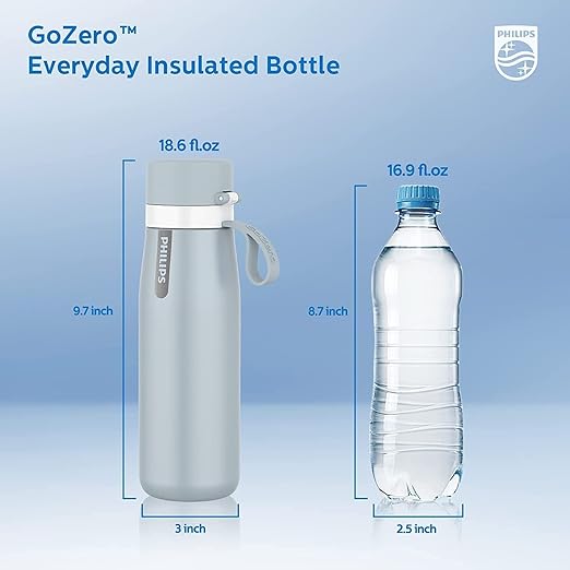 PHILIPS Insulated Stainless Steel Filtered Water Bottle with 3 Philips GoZero Everyday Tap Water Filters BPA Free Transform Tap Water into Healthy Tastier Water Keep Drink Hot/Cold, 18.6 oz, Blue