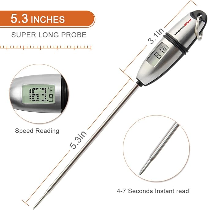 ThermoPro TP-02S(2 Pack) Instant Read Meat Thermometer Digital Cooking Food Thermometer with Super Long Probe for Grill Candy Kitchen BBQ Smoker Oven Oil Milk Yogurt Temperature