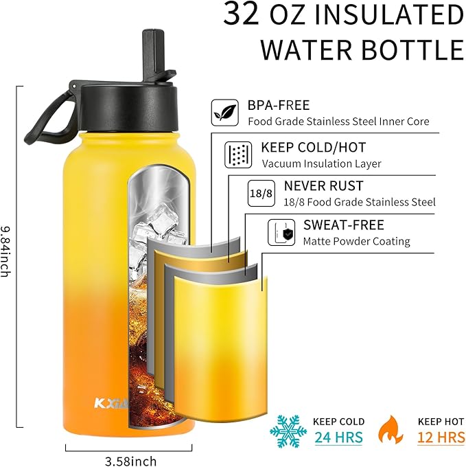 32 oz Insulated Water Bottle with Paracord Handles & Strap, 2 Lids(Straw Lid&Spout Lid), Stainless Steel Reusable Wide Mouth Metal Water Bottle With Straw, Double Walled, Thermo Mug(Mango Yellow)