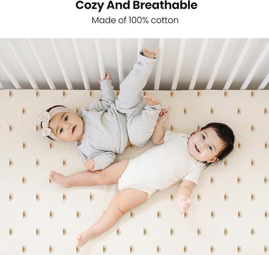 Konssy Muslin Fitted Crib Sheets 100% Cotton Baby Crib Sheets for Standard Crib Mattress (28 X 52 Inches), Soft and Breathable for Boys, Girl (Sun)