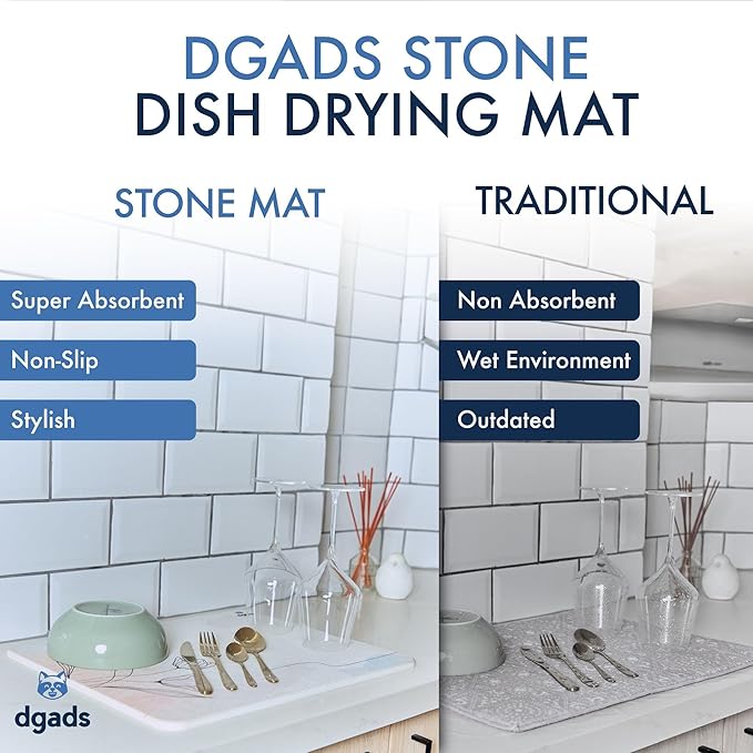 Stone Drying Mat for Kitchen Counter 17.71" x 13.77" with 2 x Absorbent Cup Coasters, Sanding Tool & Non-Slip Pad in Set | Quick Drying | Heat-Resistant | Diatomaceous Earth Instant Drying Dish Mat
