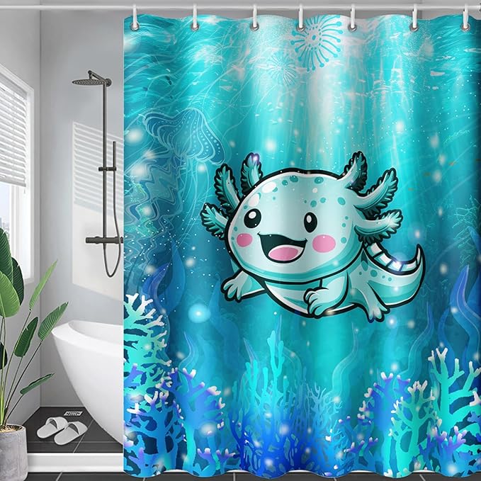 AILONEN Cute Axolotl Kids Shower Curtain for Bathroom,Blue Ocean Jellyfish Coral Print Bath Curtain 72" W*72" H,Girls Boys Kawaii Salamander Decorative Waterproof with 12 Plastic Hooks