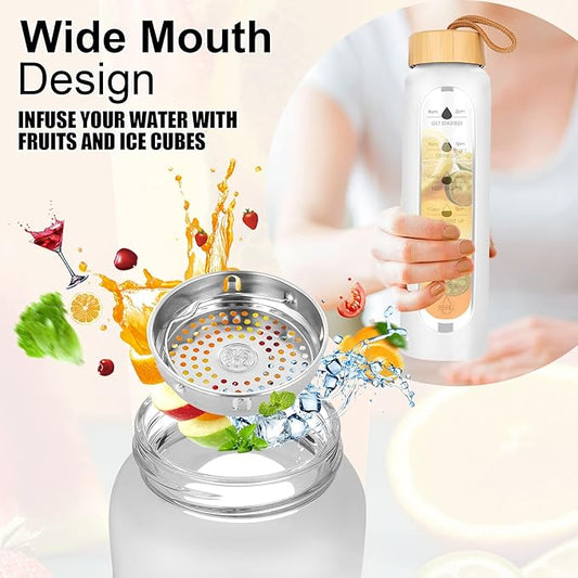 32 Oz Borosilicate Glass Water Bottle with Times to Drink | BPA Free - Reusable Wide Mouth Glass Motivational Water Bottles with Infuser & Silicone Sleeve (white)