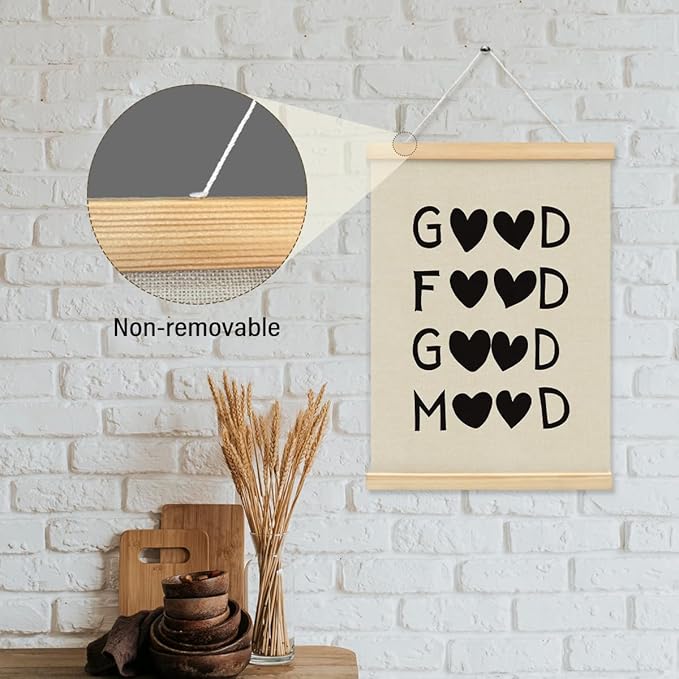 BIWSHA Good Food Good Mood Canvas Poster Framed Hanger 12x16 Inch,Funny Black Heart Kitchen Quotes Decor,Funny Words Poster,Kitchen Dining Room Decor