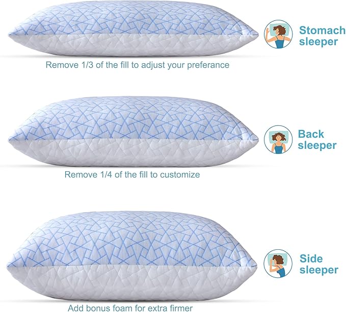 Pillows Standard Size Set of 2 - Standard Pillows Set of 2 - Adjustable Firm Pillow for Back Stomach and Side Sleeper - Shredded Memory Foam Cooling Pillow for Neck and Shoulder Pain