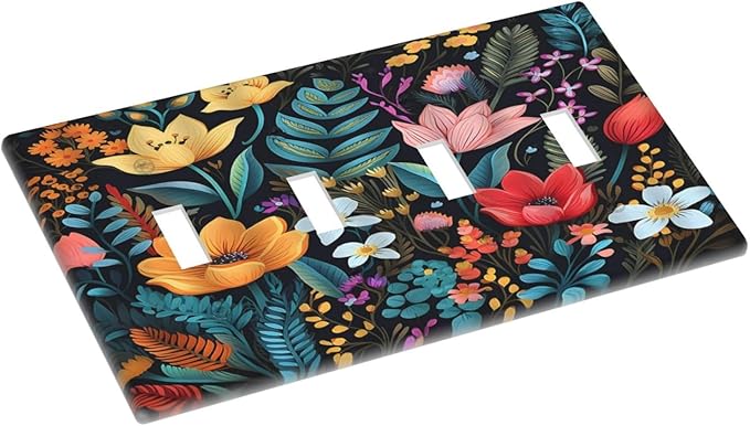 Boho Floral Vintage Flower Leaves Rustic Wildflower Plants Quad Toggle Light Switch Covers 4 Gang Wall Plate Decorative Switchplate Electrical Faceplate for Country Bathroom Bedroom Kitchen Decor