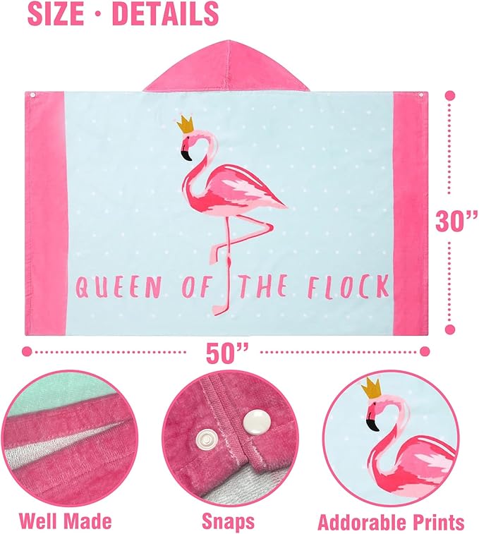 Toddler Bath Towel Hooded - Cotton Kids Beach Towel 30"x50" for Ages 3 to 10, Soft Terry Poncho Towel as Pool Swim Cover Ups for Girls Boys (Flamingo Aqua)