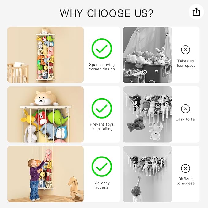 Kids Stuffed Animal Storage Organizer - Corner Stuff Animal Holder for Kids with Length Adjustable - Plush Toys Wall Storage for Nursery Playroom Bedroom (Ivory)