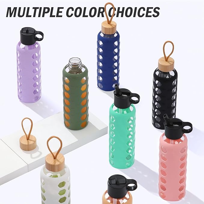 MUKOKO Glass Water Bottles, 32oz Glass Tumbler, Drinking Bottles with 2 Lids-Handle Flip Straw Lid&Bamboo Lid, Motivational Water Bottle with Time Marker and Silicone Sleeve, Leakproof-1 Pack-White