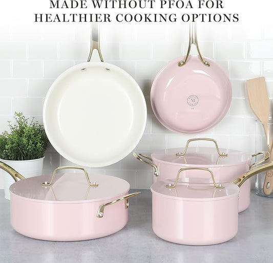 Martha Stewart Galway Premium Nonstick PFA Free Ceramic Interior 10 Piece Heavy Gauge Enamel Aluminum Pots and Pans Cookware Set W/Aluminum Lids - Pink W/Gold Handle