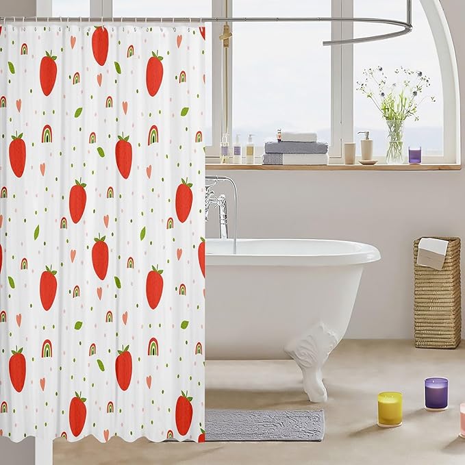 Feelyou Strawberry Shower Curtain Fruits Fabric Shower Curtain for Kids Boys Girls Rainbow Green and Pink Dots Bathroom Waterproof Accessories with 12 Hooks White and Red Curtains,72X78 Inches