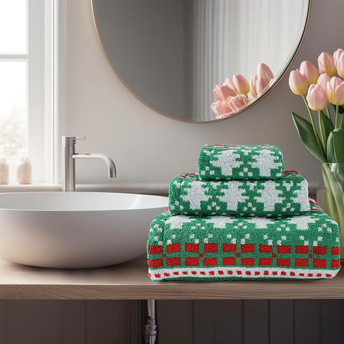 Luxury Christmas Tree Snowflakes Green Pattern Bath Towel Sets for Kids, 1 Bath Towels 1 Hand Towels 100% Cotton Ultra Soft Fluffy Highly Absorbent Towel for Women Elderly Gift