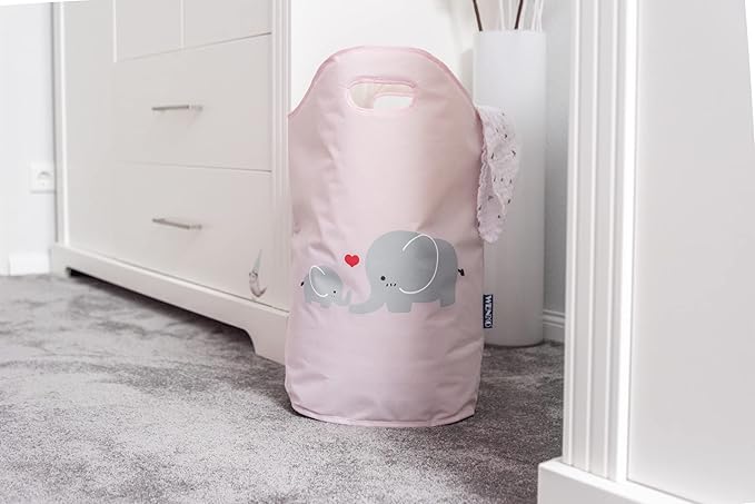 WENKO Kids Laundry Hamper, Baby Hamper for Nursery, Baby Basket for Dirty Clothes, Elephant Nursery Hamper, Toy Basket with Handles, Pink Laundry Bin, 15.7 x 20.5 x 7.9 inch