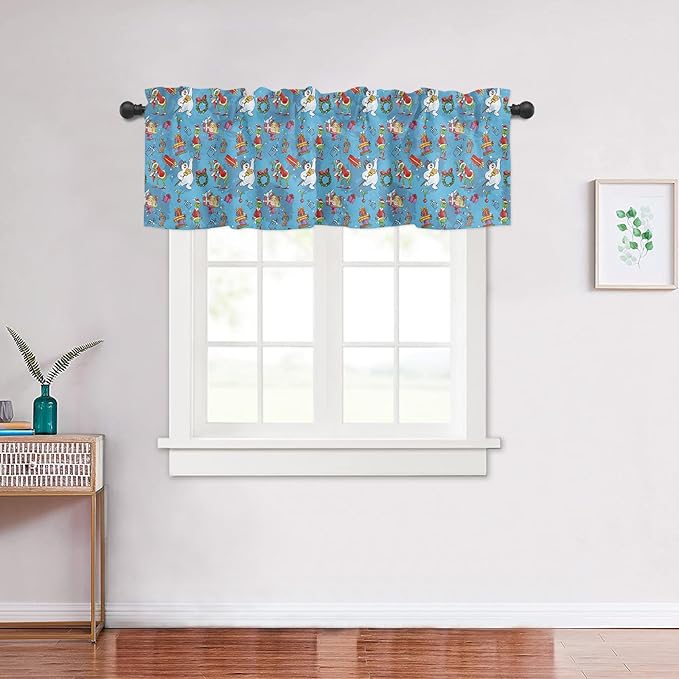 Snowman and Grin-ch Christmas Window Valance for Kitchen Living Room Retro Style Window Curtain for Bedroom Funny Christmas Window Valance Rod Pocket Window Treatment Christmas Decors, 54" W x 18" L