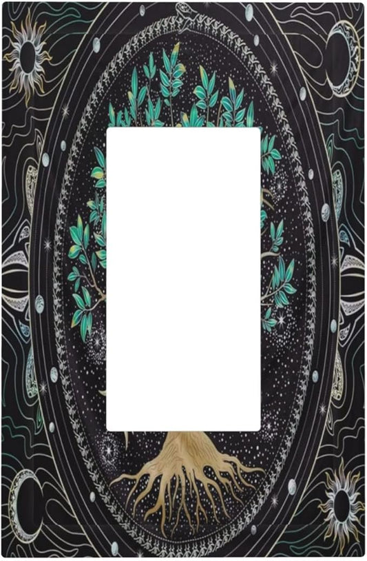 Tree of Life Blackground 1 Gang Rocker Light Switch Plate Hippie Sun Moon Star Single Decora Outlet Wall Plate Cover Faceplate Decorative Switchplate GFCI for Bathroom Bedroom Living Room Decorate