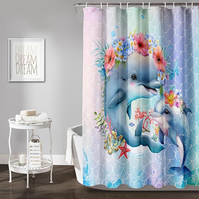 AILONEN Cute Dolphin Shower Curtain,Color Mermaid Scale Print Shower Curtain with 12 Plastic Hooks,Kawaii Ocean Dolphin Print Bath Curtain Decorative Waterproof 60" W*72" H