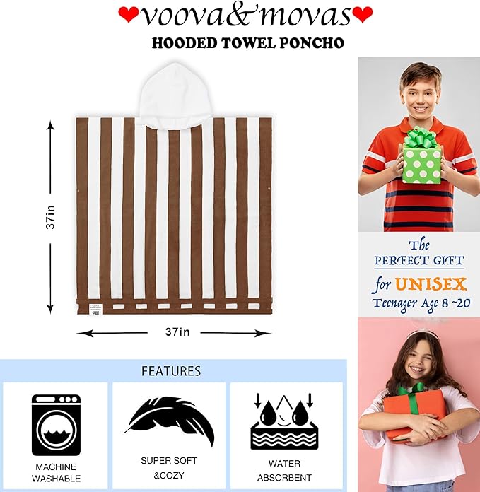 VOOVA & MOVAS Big Kids Poncho Towel with Hood - Teens Hooded Pool Towel Robe (8-16Years), Large and Absorbent Cotton - Versatile for Beach, Pool, Swim, and Bath, Brown Cabana Stripe