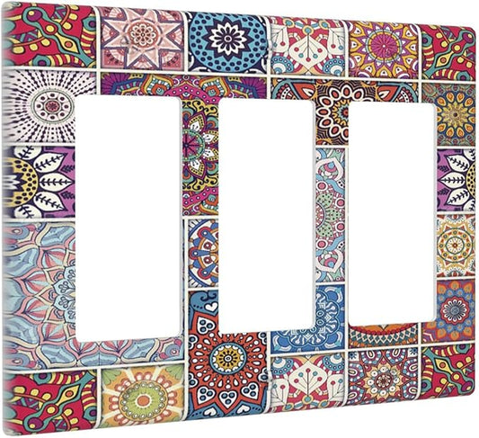 Morocco Talavera Mexican Tiles Printed Colroful Mandala 3 Gang Rocker Light Switch Covers Triple Outlet Wall Plate Decorative Switchplate Cover Faceplate GFCI for Kitchen Bathroom Bedroom Decor