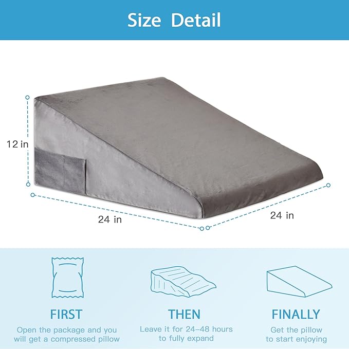 Wedge Pillow for Back Pain Relief, Bed Wedge Pillow for Sleeping, 24×24×12 Inch Memory Foam Anti Snore Pillow, Triangle Pillow Wedge for Sleeping Acid Reflux, Gerd, Elevated Pillow Short Plush